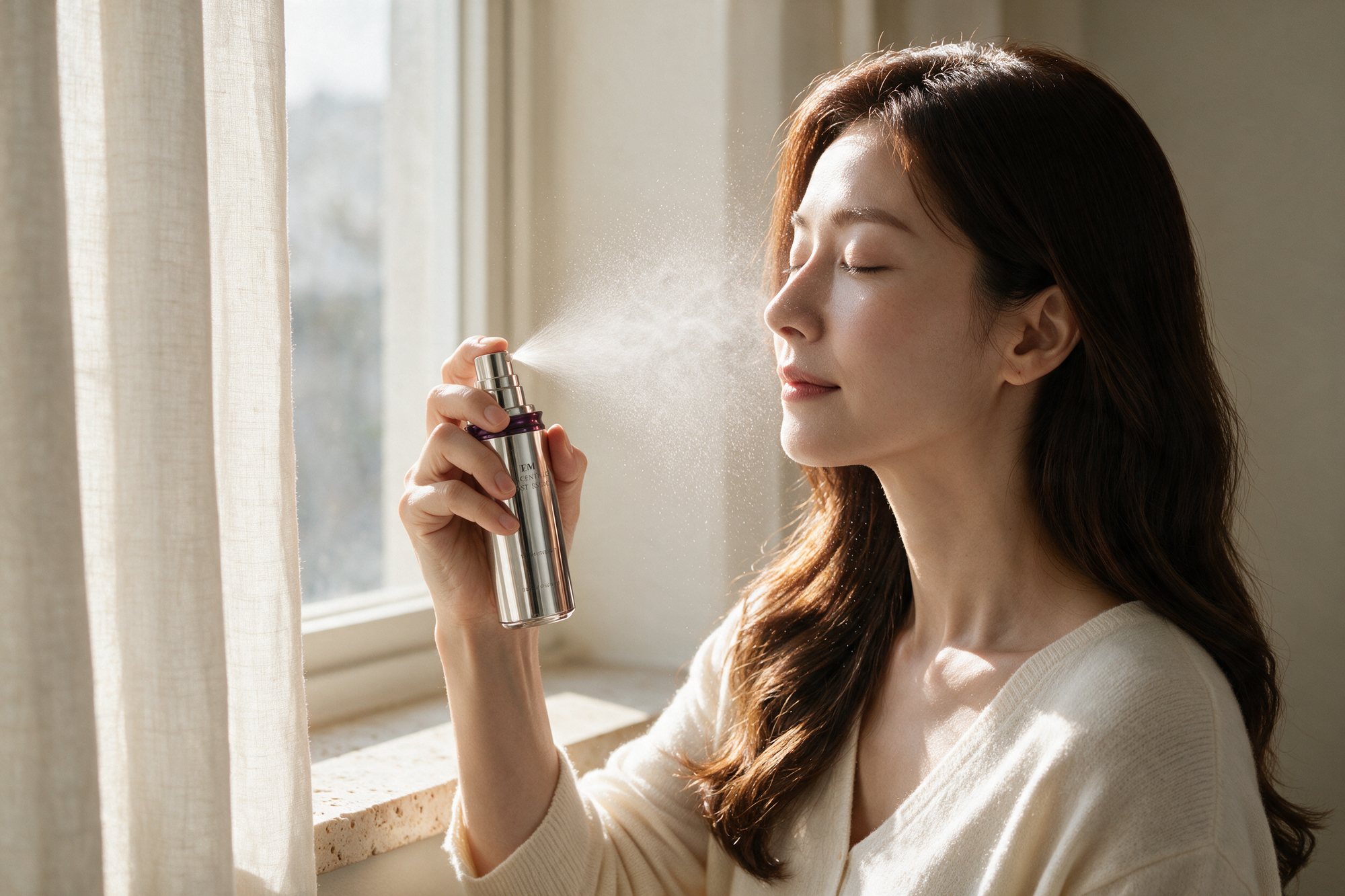 아침 창가에서 에센스를 분사하는 모델