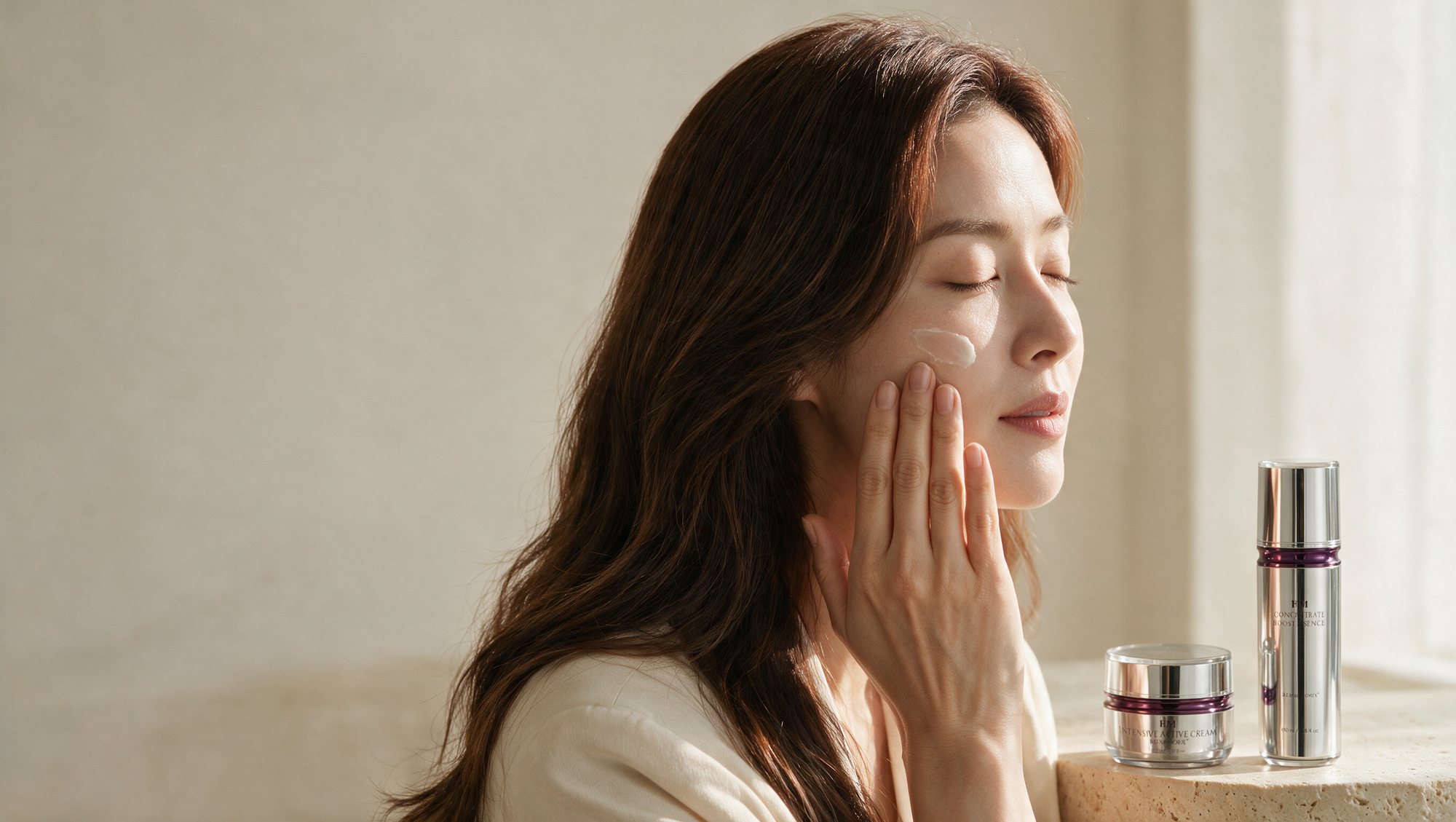 크림을 바르는 모델과 에센스·크림